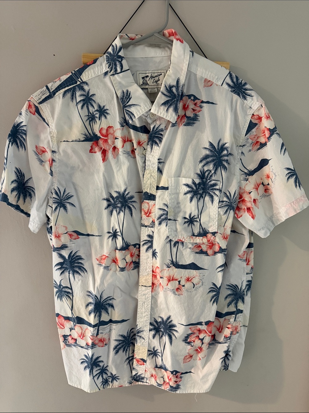 Men's Tropical Print Short-Sleeve Shirt - White with Navy & Coral Floral